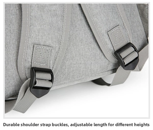Close-up of adjustable grey shoulder strap with durable buckle on picnic backpack