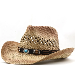 Chapeau de cowboy pour homme en paille avec pierre turquoise et large bord de soleil