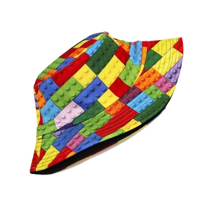 Close-up of colorful building block pattern print on double-sided bucket hat fabric