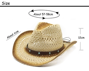 Size details of hollow straw cowboy hat showing dimensions and turquoise studded leather band