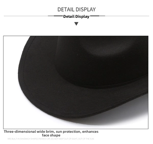 Detail showing the fine woolen texture and stiff wide brim of the black cowboy hat