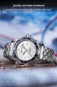 Detail of Kimsdun quartz diver watch with white wave pattern dial and black bezel
