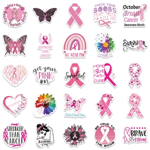 Set of 50 pink ribbon breast cancer awareness stickers for laptop and luggage decor