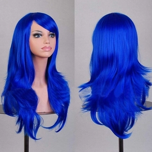 Long blue wavy cosplay wig with bangs shown in front and back view on mannequin