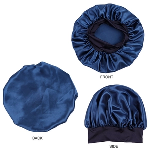 Three-view display of navy satin bonnet showing front, back and side perspectives