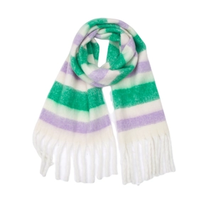 Soft thick rainbow striped bouclé scarf with fringes in green and purple tones
