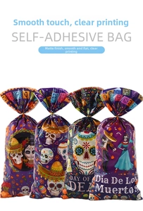 Detailed view of matte Day of the Dead candy bags with colorful skull patterns and self-adhesive seal
