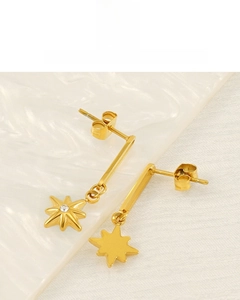 Detailed close-up of 18K gold plated star earrings with small zircon on a white plate