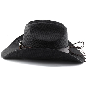 Detail view of black woven straw cowboy hat with brown leather band and metal ornament