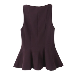 Detailed back view of a slim fit sleeveless peplum top in dark purple knit fabric