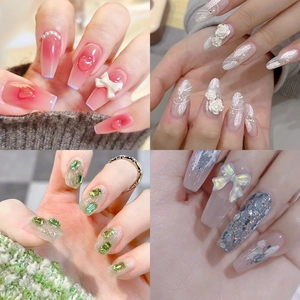 Exquisite handmade press-on nails set with 3D camellia flowers and sparkling rhinestones