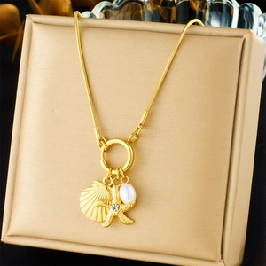 Ocean Series Gold Plated Stainless Steel Starfish Shell Artificial Pearl Pendant Necklace Snake Chain For Women