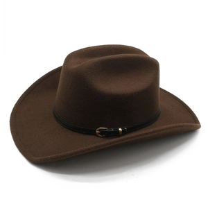 Detailed close-up of a coffee brown western cowboy hat with a black leather buckle band
