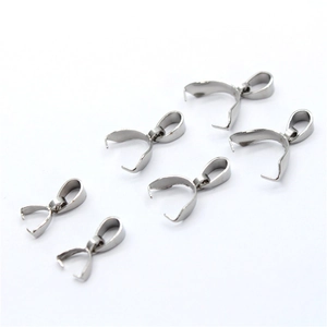 Macro shot of 6 silver stainless steel pinch bails for pendant DIY jewelry making