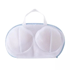White mesh laundry bag for bras featuring double-cup protection and a blue zipper