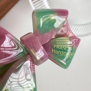 Pink and green marble acetate bow hair clip with gold France Handmade lettering