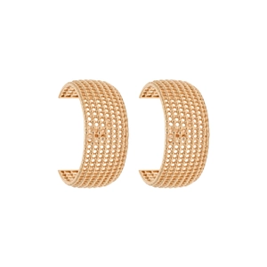 Golden C-shaped hoop earrings with intricate mesh lace texture on a white background