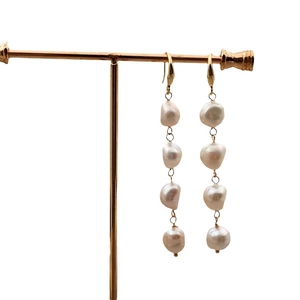 Baroque freshwater pearl long drop earrings with elegant golden hooks and four pearls