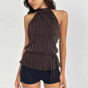 Sexy halter neck sleeveless top with metallic pleated texture and waist tie in dark coffee