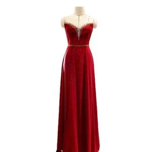 Elegant burgundy floor-length evening gown with V-neckline and hand-beaded sequins