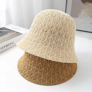 Hollow knit sun bucket hats in beige and khaki colors with wavy texture for women