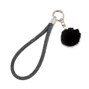 Porte-clés bracelet en denim noir avec boule de fourrure et quincaillerie argentée