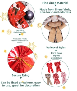 Close-up of double-layer linen Christmas bows with festive patterns and gold tie wires