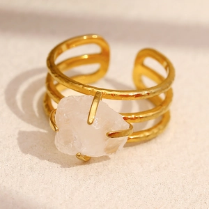 Bohemian 18K gold-plated stainless steel open ring with white raw gemstone stone