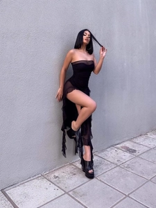Sexy black strapless mesh dress with ruffled hem and high slit for summer fashion