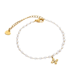 18K gold plated stainless steel pearl bracelet with heart and cross pendant charms