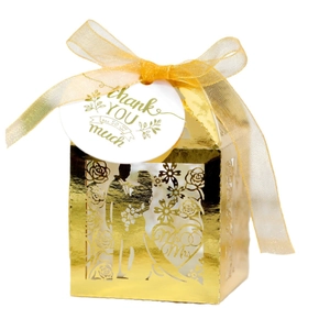 Golden Mr & Mrs hollow-out wedding candy box with thank you tag and ribbon