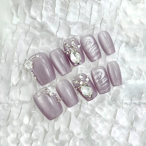 Handmade Lavender Cat Eye Press On Nails With Rhinestones And Artificial Pearls 3D Detachable Short Square Round ABS For Women