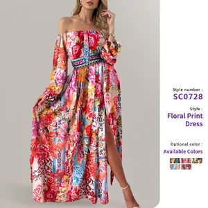 Maxi Dress Polyester Off Shoulder Long Sleeve High Slit Printed Retro Baroque Style Elegant Evening Party Vacation Women