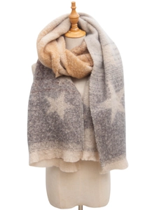 Detail showing plush beige and gray gradient texture with star patterns on the winter scarf