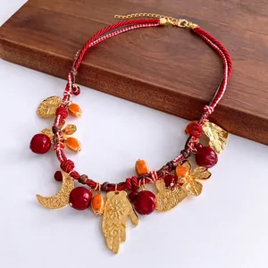 Collana Con Pendente Bohemien Vintage Lega Cuore Mano Di Hamsa Fiore Perline Corda Intrecciata Gioielli Donna