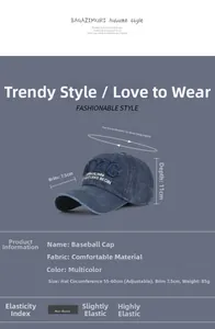 Detail view of vintage washed baseball cap showing 7.5cm brim and 55-60cm adjustable size