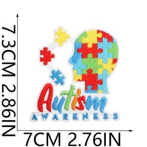 Detailed view of Autism Awareness puzzle head embroidery patch with size dimensions