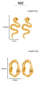 Detailed tile display of snake-shaped and wavy gold stainless steel earrings with sizes