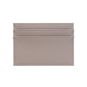 Detailed view of light grey Saffiano leather card holder with three card slots and stitching