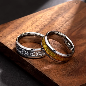 Detail of embossed JESUS text and fish symbol on stainless steel religious rings