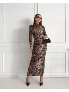 Fashionable leopard print long sleeve maxi dress with high neck for women in autumn