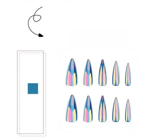 Detailed view of 10pcs long stiletto fake nails with blue cat-eye holographic finish