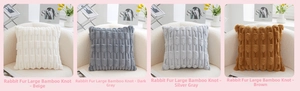 Detail of plush faux rabbit fur pillows with textured bamboo patterns in four neutral colors