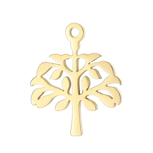Polished rose gold stainless steel Tree of Life pendant charm on a white background