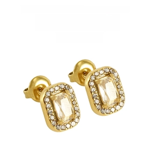 Macro detail of gold double-layer rectangular stud earrings with cubic zirconia stones