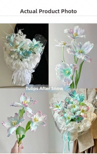 Close-up detail of artificial tulips with realistic frosted snow texture and gradient petals