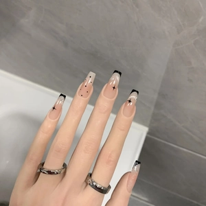 Press On Nails Long Coffin Fake Nails French Black Tips Nude Base Silver Glitter Star Dots Fashion Manicure For Women