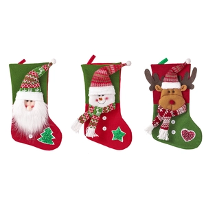 Set of 3 knit Christmas stockings with 3D Santa, Snowman, and Reindeer decorations