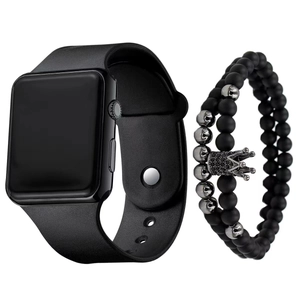 Men's fashion LED digital watch with silicone strap and black skull bead bracelet set