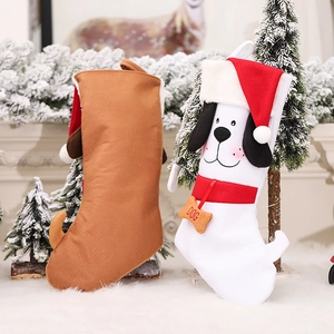 Christmas dog stocking with Santa hat and personalized dog bone tag holiday decor